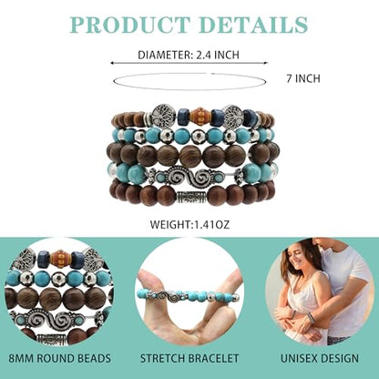 5pcs Wooden Bead Bracelet Set with Charm and Tassel for Men & Women - Stackable Boho Bracelets, Amber Color Scheme Adjustable Bracelet - color: Brown and Light Blue