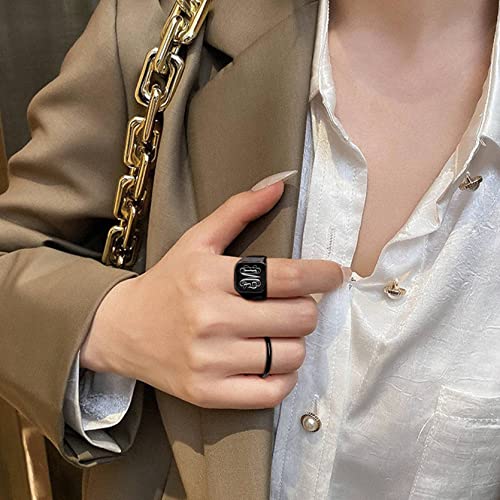 GoldChic Jewelry Personalized Signet Rings Men Women, Stainless Steel Custom Photo Bold Square/Oval Monogram/Old English Initial Pinky Stacking Statement Ring in Black/Silver/Gold (Size 7-14) - color: Black-Monogram -Square