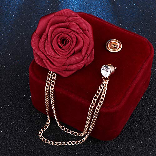 Fashion Bridegroom Wedding Brooches Cloth Art Hand-Made Rose Flower Brooch Lapel Pin Badge Tassel Chain Men's Suit Accessories - color: Red wine