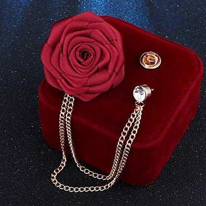 Fashion Bridegroom Wedding Brooches Cloth Art Hand-Made Rose Flower Brooch Lapel Pin Badge Tassel Chain Men's Suit Accessories - color: Red wine