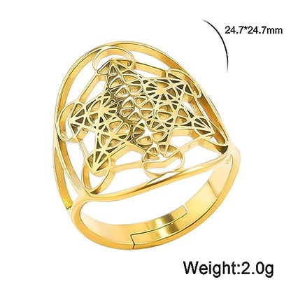 Metatron's Cube Ring Angel Seal Archangel Metatron Cube Protection Statement Hollowed Out Womens Stainless Steel Open Band Ring Jewelry - color: Gold