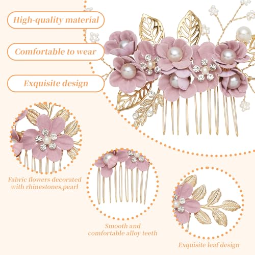 6 Pcs Bridal Hair Accessories French Hair Side Combs and Hair Pins,Gold Wedding Jewelry Headpiece with Rhinestone for Brides Bridesmaids Women Girls(Purple Flower） - color: Purple