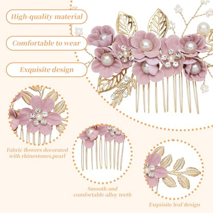 6 Pcs Bridal Hair Accessories French Hair Side Combs and Hair Pins,Gold Wedding Jewelry Headpiece with Rhinestone for Brides Bridesmaids Women Girls(Purple Flower） - color: Purple