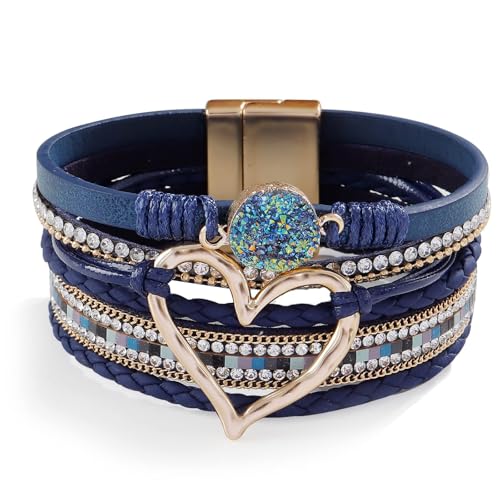 Heart Leather Bracelets for Women Chunky Warp Bracelet Western Boho Vintage Jewelry Country Concert Outfits - color: B4: dark blue new