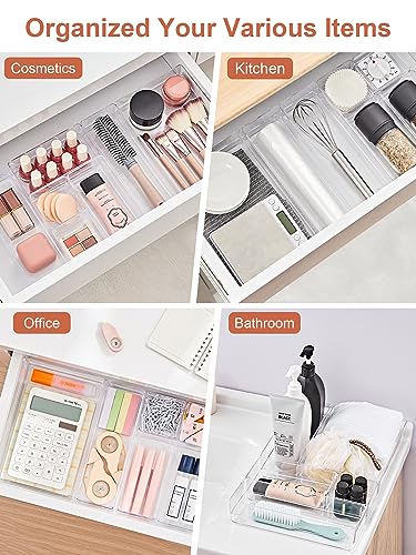 SMARTAKE 37 PCS Drawer Organizer 4 Size Desk Makeup Drawer Organizer Clear | Storage Trays with Non Slip Silicone Pads for Makeup , Jewelries, Utensils in Bedroom Dresser, Office, Kitchen and Bathroom - style: 37 PCS