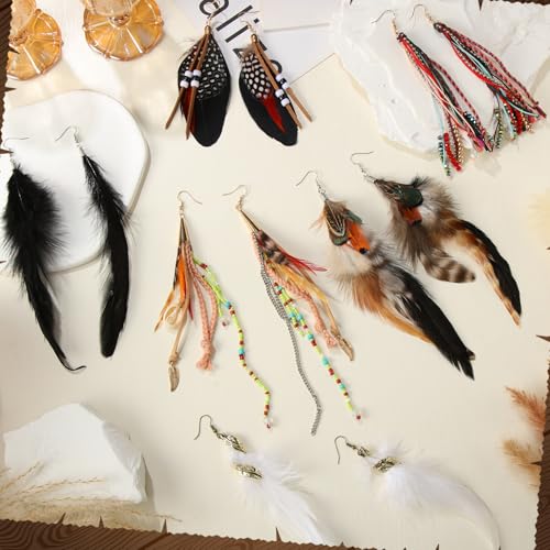 Nosiny 6 Pairs Bohemian Feather Dangle Earrings for Women Bohemian Long Feather Earrings with Shell Beads Long Fringe Tassel Dangle for Women Christmas Gifts
