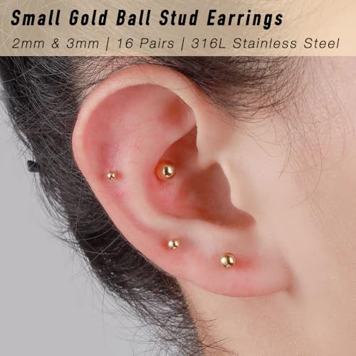 15 Pairs Surgical Steel Ball Stud Earrings Set | Fadeless, PVD Plating, Stainless Steel, Fadeless, Waterproof, High Polish, Hypoallergenic - color: Gold 16Pairs (2mm 3mm )