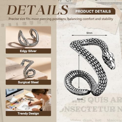 Gothic Clip On Ear Cuff Stainless Steel No Piercing Helix Cartilage | Hypoallergenic,Non Piercing Helix Cartilage,Gold Silver,Fake Earring,Lightweight,Punk Gothic Jewelry Gift Women Men - color: L4-Black Snake Design