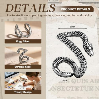 Gothic Clip On Ear Cuff Stainless Steel No Piercing Helix Cartilage | Hypoallergenic,Non Piercing Helix Cartilage,Gold Silver,Fake Earring,Lightweight,Punk Gothic Jewelry Gift Women Men - color: L4-Black Snake Design
