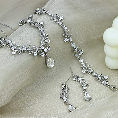 3Pcs Austrian Crystal Jewelry Set for Women, Necklace Dangle Earrings Link Bracelet Jewelry Set with Gold/Platinum/Gun Plated, Wedding Party Jewelry for Bridal Bridesmaid - color: White-Platinum Plated