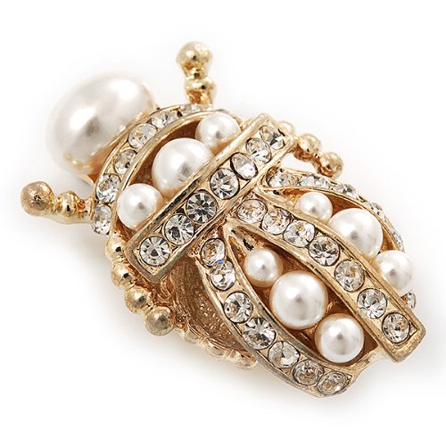 Clear Crystal/Simulated Pearl Egyptian 'Scarab' Beetle Brooch In Gold Plating - 4.5cm Length