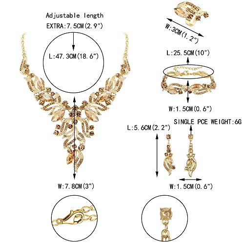 EVER FAITH Bridal Wedding Marquise Crystal Leaf Cluster Statement Y-Shaped Necklace Earrings Bracelet Ring Set for Prom - color: Champagne Gold-Tone