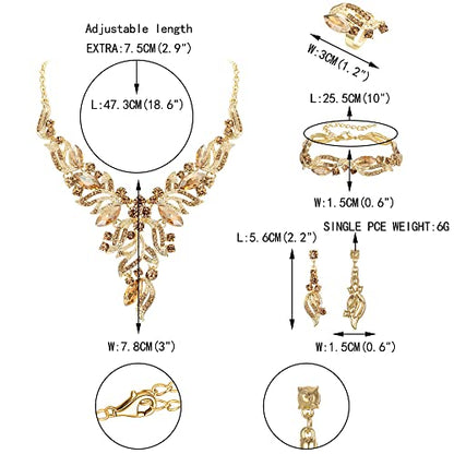 EVER FAITH Bridal Wedding Marquise Crystal Leaf Cluster Statement Y-Shaped Necklace Earrings Bracelet Ring Set for Prom - color: Champagne Gold-Tone