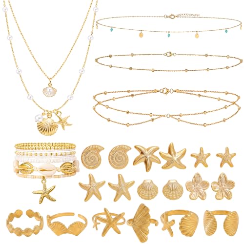 Boho Beach Jewelry Sets for Women | Summer Seashell Starfish Accessories, Necklace, Earrings, Rings Anklet - style: 24pcs Beach Set