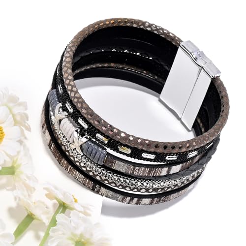 VIBILIA Boho Leather Wrap Bracelets for Women Multi-Layer Bracelets | With Strong Clasp Jewelry for Women - color: 02-XxMilletBead-Black