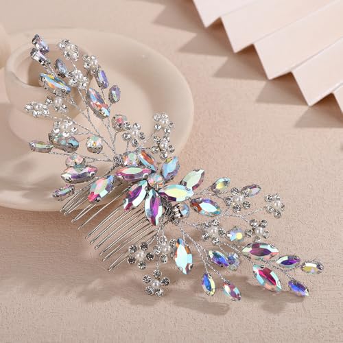 Teyglen Ab Color Rhinestone Wedding Hair Comb with Pearl Crystal Flower Hair Side Comb Bridal Headpiece Handmade Rhinestone Hair Piece Flower Headpiece Hair Accessories for Women (Ab color) - color: Ab color