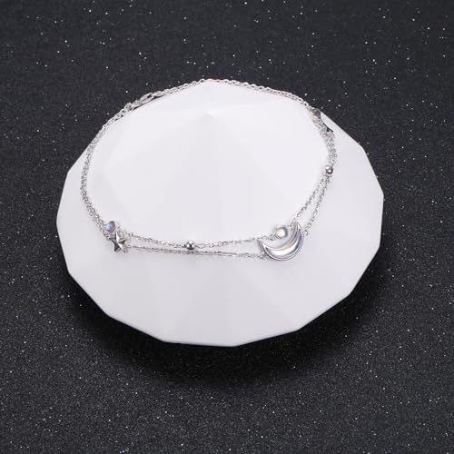 Anklets for Women 925 Sterling Silver Blue Evil Eye Infinity Butterfly Adjustable Multilayer Layered Summer Beach Ankle Bracelet Foot Chain Jewelry for Women - style: Moon & Star
