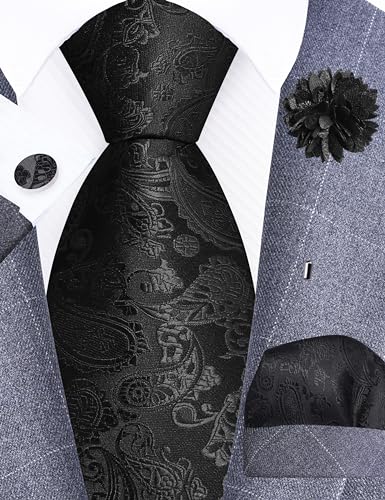GUSLESON 3.15"（8cm） Mens Paisley Tie and Lapel Pin Necktie Hankerchief Cufflinks Set for Men - color: Black