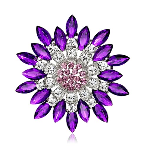 Rhinestone Sunflower Brooch for Women Sparkling Cubic Zirconia Flower Brooch Pin Elegant Large Crystal Floral Lapel Pin Dainty Clothing Hat Bag Accessories Christmas Wedding Bridal Birthday Jewelry - color: Purple