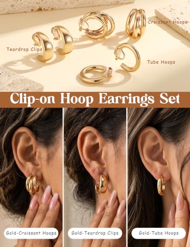 Giovanchi 3Pairs Clip on Earrings for Women with Non-Pierced Ears - Trendy Hypoallergenic 14K Gold Plated Chunky Tube Croissant Waterdrop Clip on Hoop Earrings - style: B-Gold