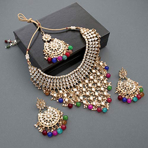 Aheli Elegant Indian Wedding Wear Faux Kundan Studded Choker Necklace with Maang Tikka Set Ethnic Fashion Jewelry for Women Maroon Kundan & Pearl Drop - color: Multi color