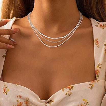 Freekiss Layered Necklace Set for Women Stackable | Herringbone Snake Cuban Rope Chain, Dainty Choker, Layered Stackable, Non Tarnish, Hypoallergenic, Adjustable 14-18.5" - color: Silver, style: 3Snake+Rope+Cuban