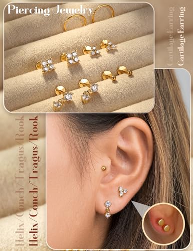 LOLIAS 18K Gold Plated Threadless Flat Back Earrings Studs Hypoallergenic | 316L Surgical Steel Push in Nose Rings Studs 20G CZ Tragus Cartilage Helix Conch Lip Labret Medusa Nostril Piercing Jewelry - color: 18K Gold Plated, size: 16G(1.2mm)-Flower&Ball&