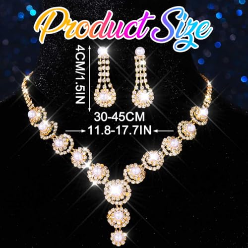 Nicute Pearl Jewelry Set Sparkly Rhinestone Necklace Earrings Sets Prom Costume Bridal Jewelry Set for Women - color: Gold