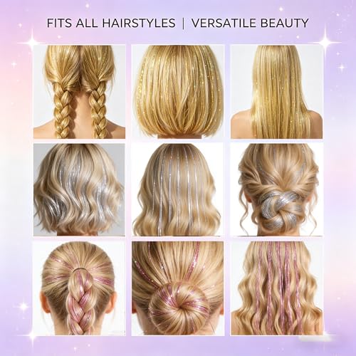 CELINABELLA Clip In Hair Tinsel 12 Pack 3 Colors 4 Pcs Each Mixed Gold Silver Fuchsia 23 Inch 70 Strands Heat Resistant 320°F Invisible Clips For Women Teens Wedding Party Prom Birthday - color: Gold-Silver-Pink