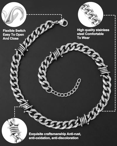 Stainless Steel Gothic Y2K Punk Rock Emo Biker Pendant Necklace | Cosplay Vintage Viking Alt Edgy Fashion Charm Necklace Jewelry for Men Women Active Daily Wear - style: Chunky Barbed Wire 16 Inch(Adjustable)
