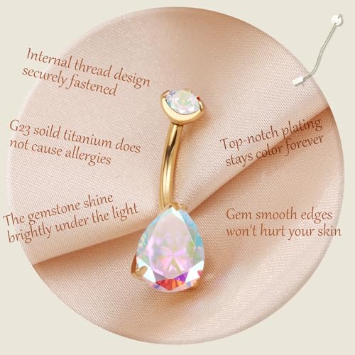 AROWRO Gold Belly Button Ring G23 Titanium Hypoallergenic 14G belly ring for Women Men Teardrop Navel Piercing Jewelry 10mm Barbell With Cubic Zircon - color: Gold+Teardrop AB CZ