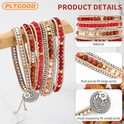 Boho 5 Wrap Bead Bracelet for Men Women - Handmade Adjustable Natural Chakras Stone Crystal Beaded Bracelets Cuff Rope Yoga Healing Bracelet Bangle Hippie Jewelry - color: Red