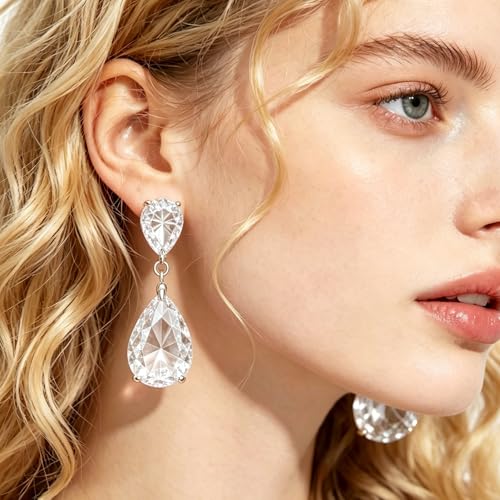 Teardrop Crystal Drop Earrings for Women, 14K Gold Plated Large Double Teardrop Dangle Earrings,Rhinestone Earrings for Wedding Prom Bridesmaid Party,Emerald/Red/Blue/Black/Pink/White Statement Earrings - color: white