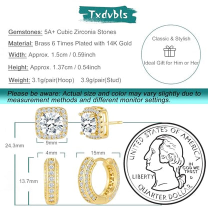 Earrings for Men 14K Gold Plated Hypoallergenic Mens Hoop Earrings | Cubic Zirconia Round/Square Stud with Huggie Hoop Earring Set,Mens Cartilage Studs for Sensitive Ear,Jewelry Gift for Him - color: Square Stud & Hoop - Gold