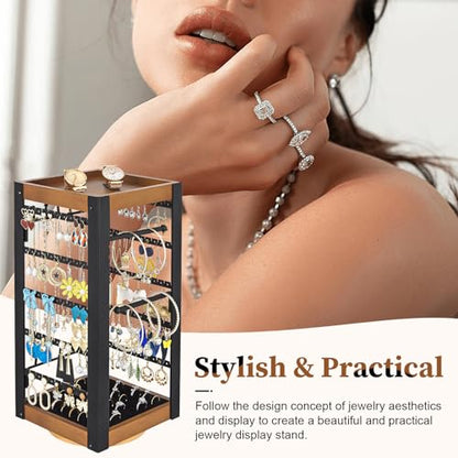 360° Rotating Jewelry Organizer, Earring Holder with Ring Tray & Hooks | Stores 200+ earrings, rings, necklaces and bracelets with a bamboo tray for perfume, lipstick and vanity essentials. - color: Black