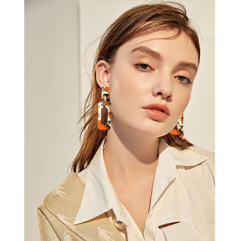 Boho Lightweight Retro Simple Acrylic Splicing Rectangle Earrings for Women Creative Exaggerated Statement Dangle Drop Earrings Jewelry - color: Orange Color Acrylic Rectangle Earrings