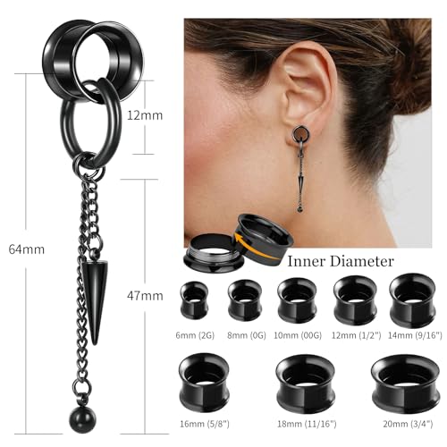 Aienid 2 Pcs Stainless Steel Dangle Gauges, 6mm-20mm Ear Tunnels Expander Plugs Stretcher Piercing Body Jewelry for Men Women - color: Chain, size: 12mm (1/2")