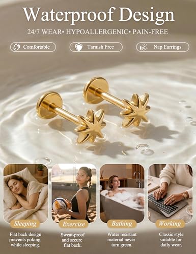 YADOCA Threadless Flat Back Earrings Gold Nose Studs Surgical Steel | Push-in flat back design for cartilage tragus helix conch and medusa piercings, gold plated stainless steel studs - color: Gold Star, size: 20G(0.8MM)
