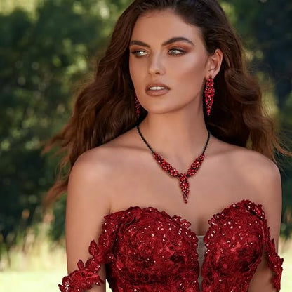 EleQueen Statement Sparkle Crystal Necklace Bracelet Dangle Earrings Set for Women, Art Deco Prom Chandelier Jewelry for Wedding Bridal - color: Red Black-Tone