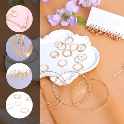 34pcs Gold Jewelry Set for Women Multi Layered Necklace Knuckle Rings Stackable Bracelets Dainty Earrings Fashion Jewelry set Anniversary Birthday Valentine Gift Pack for Women Girls