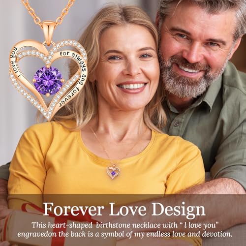 CDE Engraved Forever Love Heart Birthstone Necklace Jewelry Gifts for Women | Hypoallergenic,Nickel-Free & Lead-Free,3 x 3 mm 5A CZ Heart Pendant,Anniversary Christmas Birthday Gift for Girlfriend Wife - color: 02-Feb, style: Rose Gold Plated
