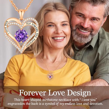 CDE Engraved Forever Love Heart Birthstone Necklace Jewelry Gifts for Women | Hypoallergenic,Nickel-Free & Lead-Free,3 x 3 mm 5A CZ Heart Pendant,Anniversary Christmas Birthday Gift for Girlfriend Wife - color: 02-Feb, style: Rose Gold Plated