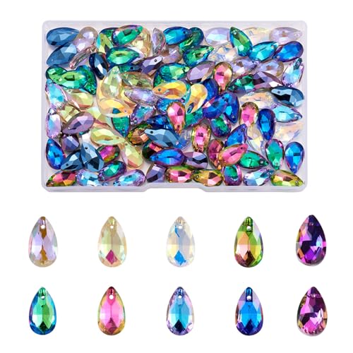 KISSITTY 100pcs/box Teardrop Crystal Charms Beads Faceted Glass Loose Beads 10 Colors Water Drop Charm Beads 16x9x5mm for Bracelet Earrings Necklaces Jewelry Making with Hole 1mm