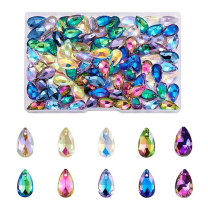 KISSITTY 100pcs/box Teardrop Crystal Charms Beads Faceted Glass Loose Beads 10 Colors Water Drop Charm Beads 16x9x5mm for Bracelet Earrings Necklaces Jewelry Making with Hole 1mm