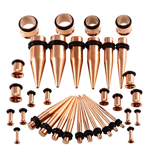 36pcs Ear Stretching Kit 14G-00G Surgical Steel Tapers Tunnels Gauges Set for Starter Women and Men Expanders Body Piercing Jewelry - color: Rose Goldtone