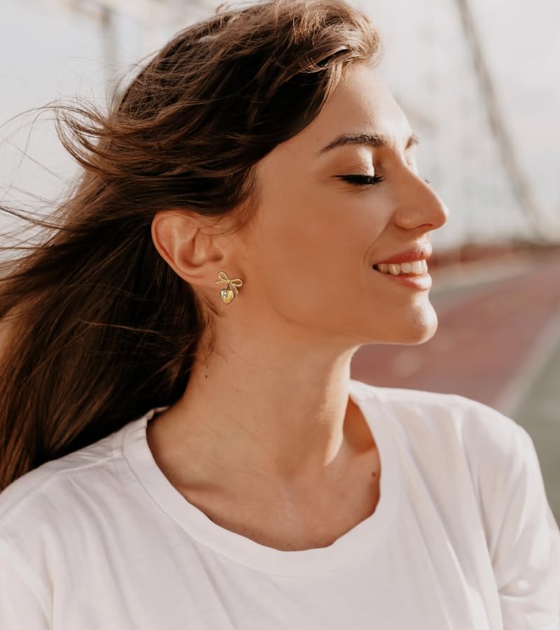 18K Gold Plated & Silver Chunky Heart & Bow Earrings for Women, Chunky Heart Dangle Hoops/Tiny Studs, Kawaii Dainty Hypoallergenic Jewelry for Multiple Piercings, Gift for Her - style: Bow&Heart-Gold