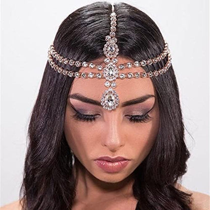 Bohemian Full Silver Rhinestone Chain Claer Crystal Head Chain Clip Drop Pendant HeadPieces Forehead Headband Hair Accessories for Wedding Brides Party Prom Costume (Silver) - color: Silver