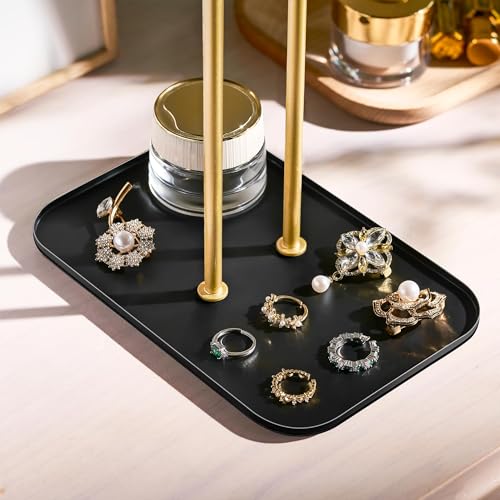 pickpiff Necklace Holder Jewelry Organizer Stand – 2‑Tier T‑Bar Jewelry Display Tree with Tray for Countertop Necklace Bracelet Earring Storage, Vanity Dresser Bathroom Sink, Black-Gold - color: Black-Gold
