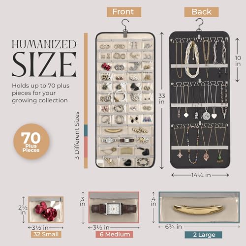 Hanging Jewelry Organizer Storage with Hanger Metal Hooks Double-Sided Jewelry Holder- Wall Mount Holder for Earrings, Necklaces, Rings on Closet, Wall, Door, 1 piece, Large, Charcoal Black - style: Modern - Charcoal Black