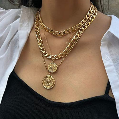 MJartoria Gold Layered Necklaces for Women Trendy Retro Birthflower Coin Pendant Necklace Dainty Chunky Chain Choker Necklaces for Jewelry Birthday Gifts - color: Golden, style: August Birthflower